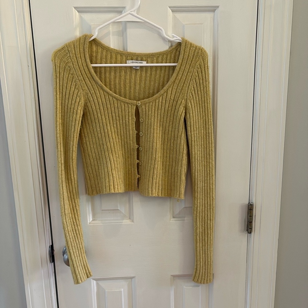 American Eagle Outfitters Yellow Ribbed Knit Cropped Cardigan, S